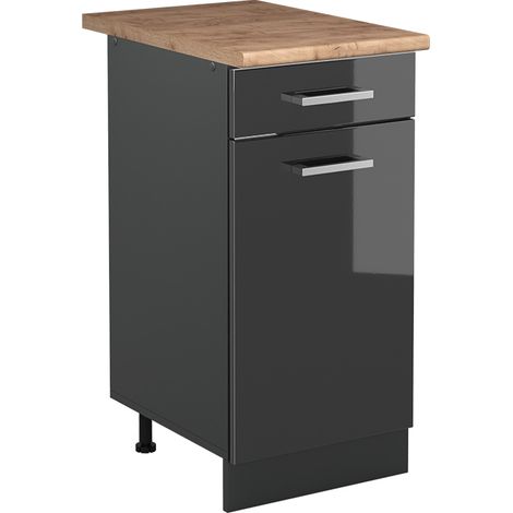 Mobiletto base cucina R-Line, Antracite lucido/Antracite, 40 cm piano di lavoro Rovere dorato, Vicco (1/5)
