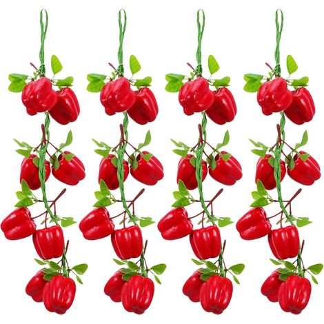 Guirlande Suspendue Réaliste de Poivrons Artificiels Rouges 4 Pièces 8 Piments Décoratifs Décoration Murale Cuisine Magasin ou Fête à Thème Légumes (1/5)