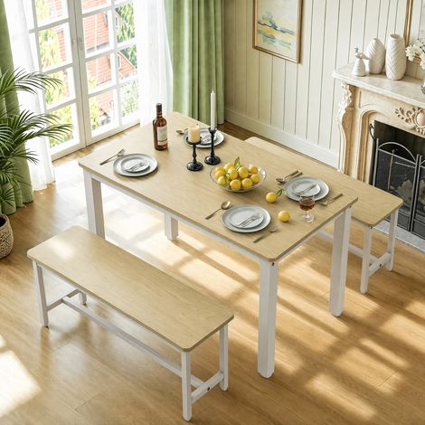Ensemble table à manger et bancs 3 pièces - Table Rectangulaire et 2 Bancs Gain de Place avec Structure en Acier - Bois et Blanc (1/5)