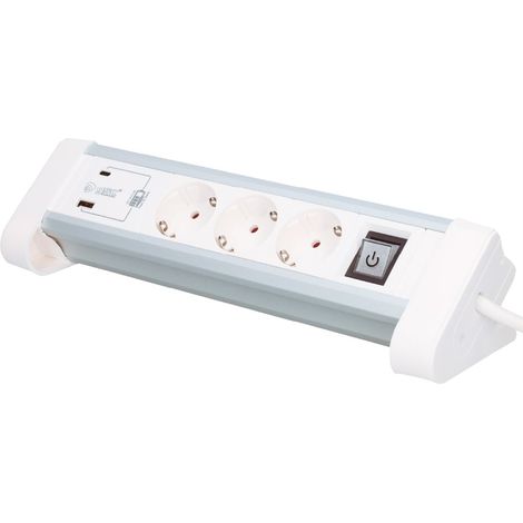 Base multipla da tavolo 3T + 1 USB A + 1 USB Tipo C + Int (3x1,5mm) 1,4M Bianco