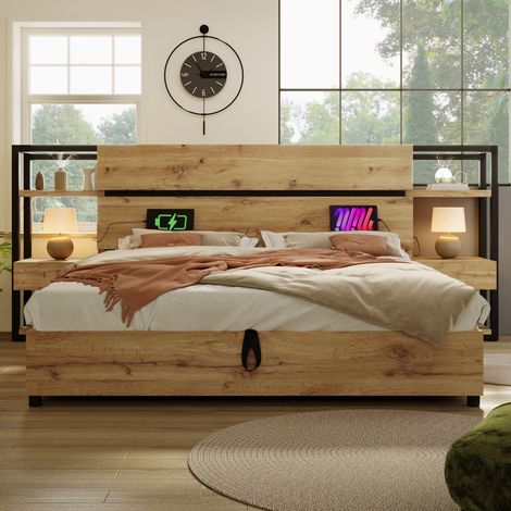Lit Coffre 180x200cm - Rangement Hydraulique - Velours - USB et Type-C - Tête de Lit avec Étagères et Tiroirs - Effet Chêne - Natural