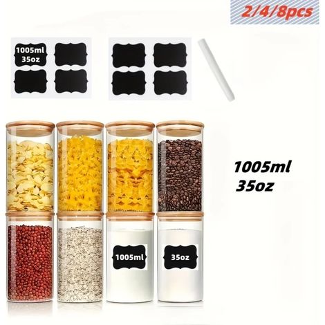(8 bocaux - 35 oz) Bocaux de rangement en verre avec couvercles en bambou, adaptés pour conserver les épices, la farine, les flocons d'avoine, les biscuits et les grains de café dans la cuisine. (1/5)
