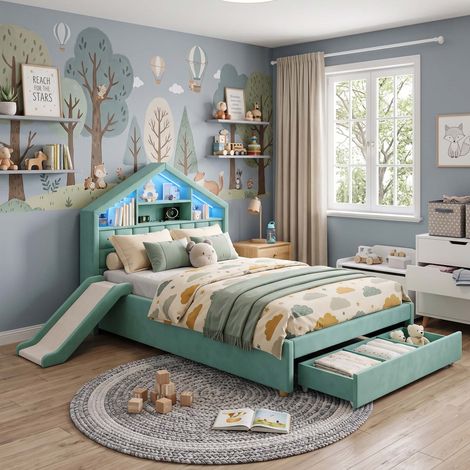 Creahappy Lit Cabane Rembourré 140x200 cm avec Toboggan - Éclairage LED Port USB et Tiroir Gain de Place - Velours Bleu Vert (1/5)