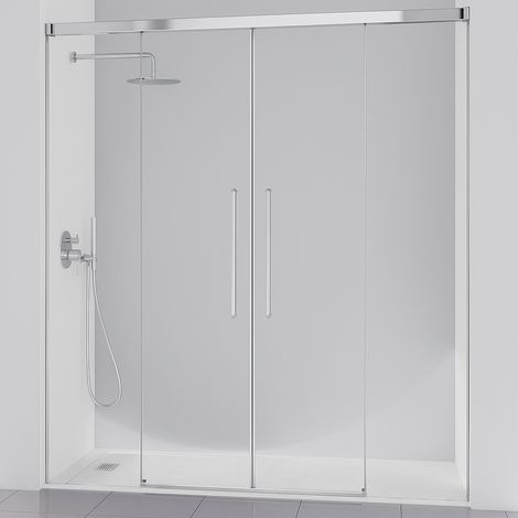 KASSANDRA PAVÍA Mampara Frente Ducha 2 Fijo + 2 Puertas Correderas Plata Brillo Transparente - Medida: 146-150 cm - ref: AI1001616S200146