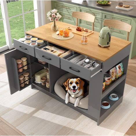 MEUBLIV Îlot de cuisine 120x60x90 cm gris – 3 tiroirs, rangement pour animaux (1/5)