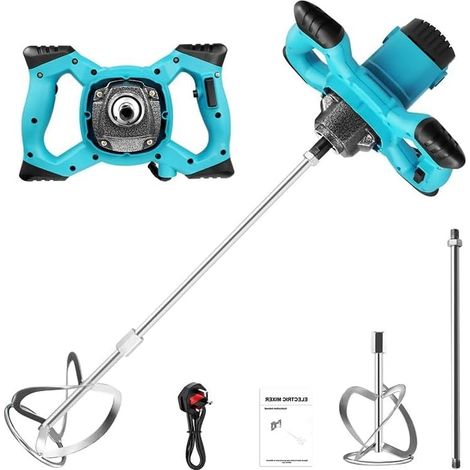 Malaxeur Mortier Colle électrique,2400W 220V Mélangeur de ciment à 6 vitesses avec outil d'agitation à double poignée pour mélanger la peinture, le mortier,le plâtre,le mastic -Bleu.