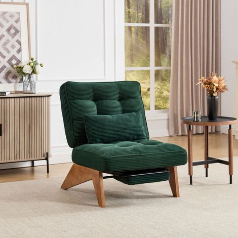 Chaise moderne réglable en tissu - avec pouf et pieds en bois - Velours côtelé - Vert (1/5)