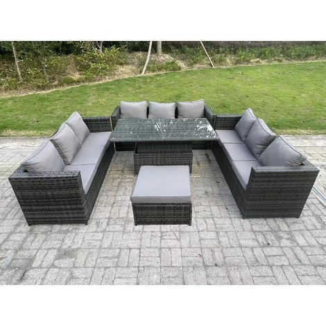 Fimous 10 Seater Rattan Garden Furniture Sofa Set Outdoor Adjustable Rising Lifting Dining Table Set with Big Footstool Dark Grey Mixed (1/4)