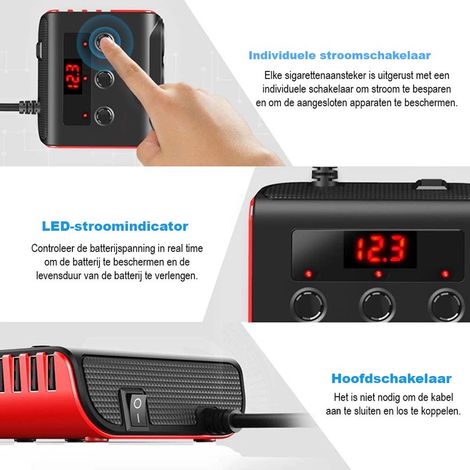Zigarettenanzünder-Splitter + 12V USB-Autoladegerät mit Schalter und Voltmeter – 3 Zigarettenanzünderbuchsen – 4 USB-Anschlüsse – Autozubehör (1/5)