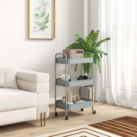 Chariot de rangement à 3 paniers et structure en acier pour salon, chambre, bureau, cuisine, 45 x 30,6 x 79 cm, bleu clair