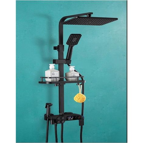 Ensemble de douche mitigeur thermostatique intelli Ensemble de douche noir en cuivre complet for salle de bain, bouton à double rangée, affichage numérique thermostatique, douche à main à 4 vitesses ( (1/5)