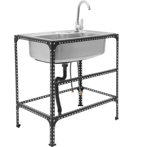 Évier utilitaire en inox 201 – Évier à cuve unique, 71×46×75 cm, avec robinet, support étagère – Pour buanderie, jardin, garage – Argent/noir