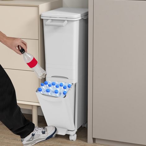 Poubelle avec Bac Inférieur Inclinable Tiroir Central 2 Compartiments Supérieurs Étiquettes de Tri Poubelle à Pédale en Plastique (1/2)