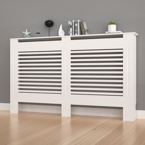 91cm Tall Radiator Cover Modern White Cabinet Horizontal MDF Slats Wood Grill Furniture, Large 152 x 19 x 92.2cm (1/5)