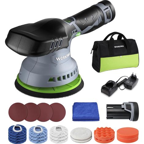 Workpro – Polisseuse excentrique sans fil 12V 150mm – 2 batteries 2.0Ah – Vitesse variable 2800-5500 tr/min – Pour surfaces peintes et meubles
