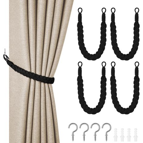 4 attaches de rideaux noires tissées à la main, cordes tricotées pour décoration intérieure et extérieure. (1/5)
