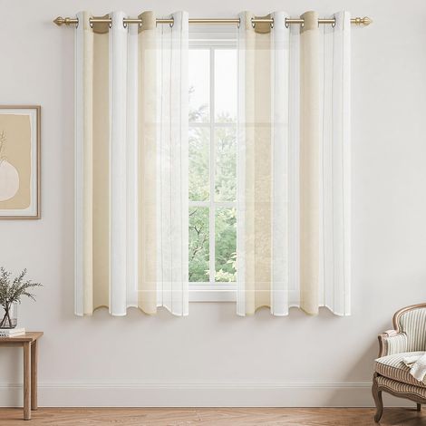 2 Pièces de Rideaux Voilage Blanc et Beige 140x122 cm Fils Teints Rayé à Oeillets Rideau CuisineTamisant Élégant pour Porte-Fenêtre Décoration de Salon Chambre Baie Vitrée (1/5)