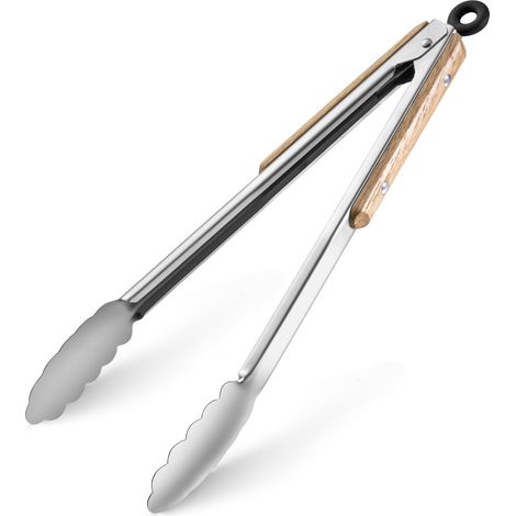 Pinces de cuisine Market, en bois de hêtre, acier inoxydable et silicone gris, pour saisir les aliments, faciles à nettoyer