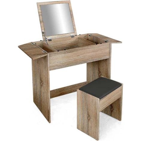 TOELETTA IN LEGNO CON SGABELLO E SPECCHIO 75X45X75 CM COLORE ROVERE (1/4)