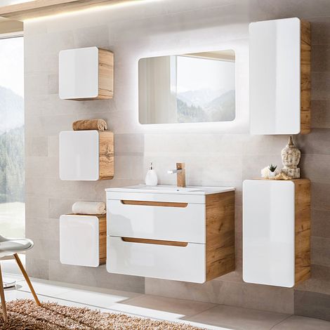 Badezimmermöbel Set mit 81 cm Waschtisch & LED-Spiegel LUTON-56 Hochglanz weiß mit Wotan Eiche Nb., B/H/T ca. 180/200/46 cm (1/5)