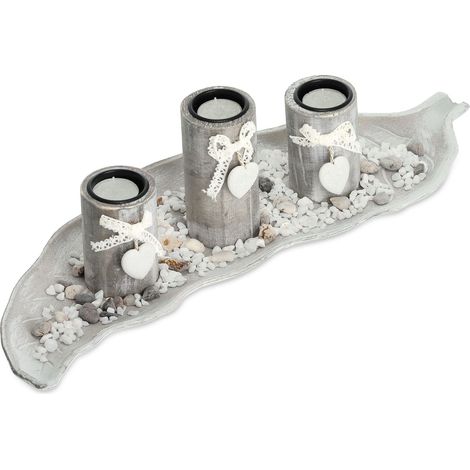Portacandele decorativo stile shabby chic 50 x 15 x 10 cm con 3 portacandele atmosfera accogliente in legno naturale 130011905