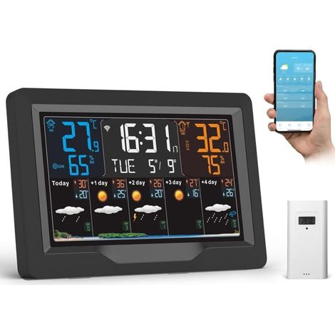 Wireless indoor and outdoor weather station, Wi-Fi connected weather station with 5-day forecast, 4 adjustable brightness screens, weather station with time sensor, thermometer, hygrometer, MUMU (1/4)