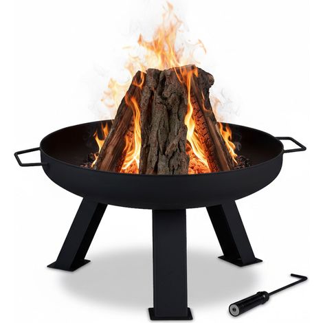 Relaxdays Brasero Exterior 60 cm Diámetro, con Atizador, Bandeja Fuego, Hoguera Jardín y Terraza, Redondo, Acero, Negro (1/5)