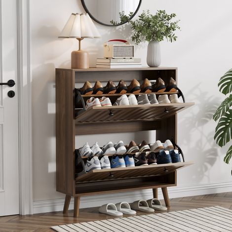 Meuble à chaussures – design mid-century – stries verticales – 2 compartiments basculants – noyer – 80x24x95 cm (1/5)