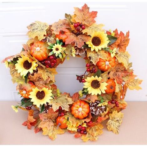 Corona autunnale da 50,8 cm con foglie artificiali gialle e rosse, ghirlanda di foglie d'acero, bacche e zucca, per porta d'ingresso di casa, centro commerciale, per l'autunno (1/4)