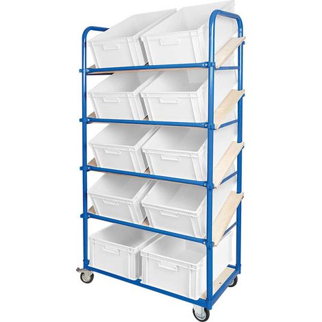 BRB Schrägboden-Regalwagen mit 5 Ebenen, bestückt mit 10 Euroboxen 600x400x220 mm weiß (1/3)