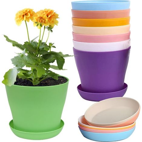 Set di 8 vasi da fiori, fioriere in plastica, vasi da fiori decorativi, vasi da fiori colorati con sottovasi, per la coltivazione di piantine e (1/5)