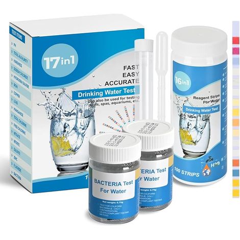 Bandelette Test Eau 17 EN 1 (100 bandelette Test Eau 16 paramètres + 2 Tests Bactéries), Kit Analyse Eau pH, Dureté totale, Chlore, Fluorure et plus encore pour piscines, spas, aquariums (1/5)