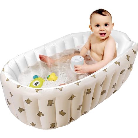 Portátil – para inflar y bañera para bebés con bomba. Bañera plegable fácil de usar para viajes. Para recién nacidos y niños pequeños. Respaldo incorporado. Inflable (con forma de oso). (1/5)
