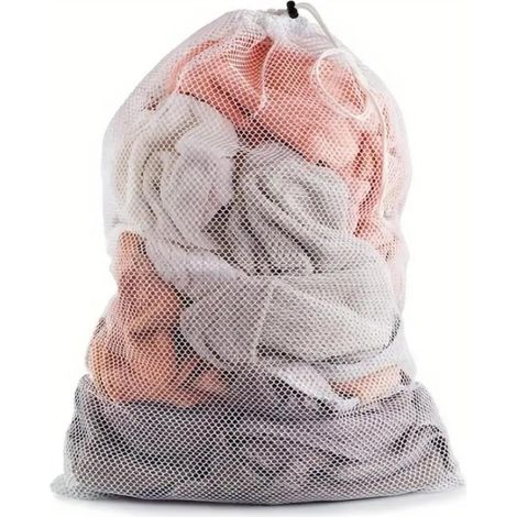 Sac à linge avec cordon de serrage, 1 sac à linge blanc en filet réutilisable, grand sac à linge, sac de lavage en filet résistant pour machine à laver, pour vêtements délicats, linge de lit, nappes, (1/5)