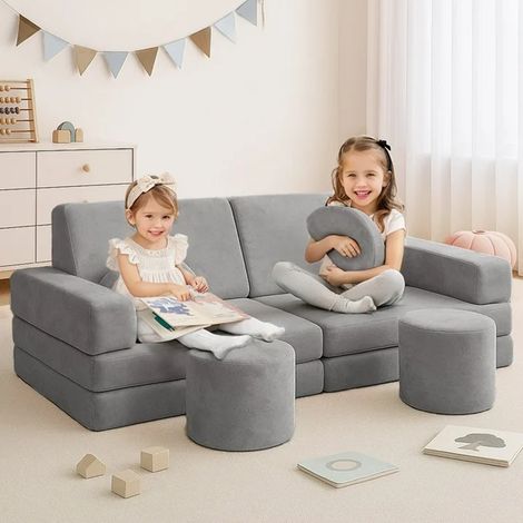 Kindersofa, 14-teiliges Multifunktional Spieltisch Puzzle Sofa, Modulares Kinder Spielsofa Abenteuersofa Weiches Flanell (Grau) (1/5)