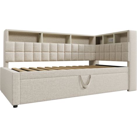 Letto imbottito 90x200 con letto estraibile 90x190 LED Bluetooth USB-C beige (1/5)