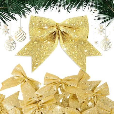 10 goldene Weihnachtsschleifen (10 x 9 cm), Glitzerschleifen, Weihnachtsdekoration für Weihnachtsbaum, Geschenkverpackung, Girlande, Auto, Hochzeit (Gold) (1/5)