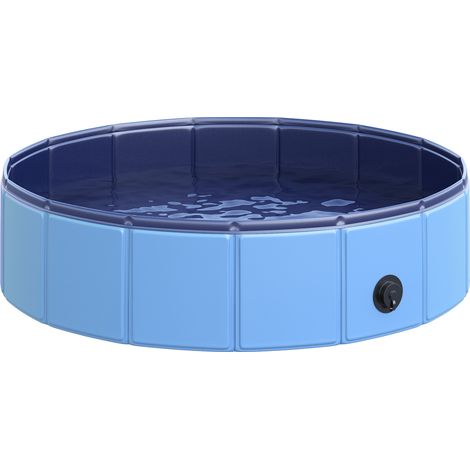 Beyamis Faltbare Hundebadewanne, Hundepool, Planschbecken, Schwimmbecken, Wasserbecken für Hunde und Katzen, Schwimmbecken, Kunststoff + Holz, blau, Ø 80 x H 20 cm