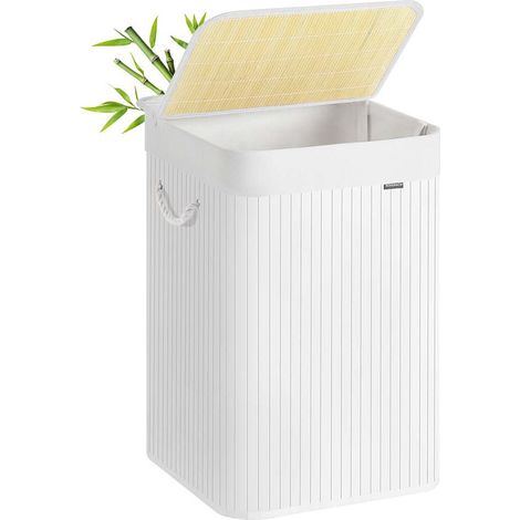 Cesto para ropa sucia de 95 litros tapa de bambú asas plegables bolsa extraíble lavable a máquina para lavadero dormitorio blanco 120006660 (1/3)