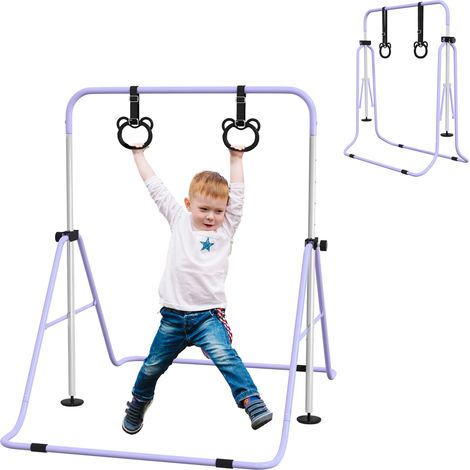 Kinder-Turnbarren mit Ringen, höhenverstellbar, klappbar, rutschfest, Stahlrahmen, 148x105x88-128 cm, Pink