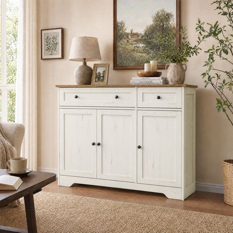 Buffet de Cuisine avec Étagères Réglables, 2 Tiroirs, 3 Portes, pour Salle à Manger, Style Maison de Campagne, Blanc (1/5)