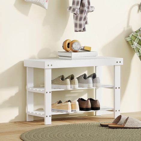 Banco zapatero de bambú con 2 estantes, blanco, 70 x 28 x 45 cm OKMYHOME (1/5)