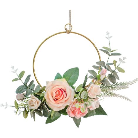 Blumenkranz für die Wand Dekorativer Schmuck Künstliche Rosen und Blätter auf goldenem Metallsockel Größen: Rund 19,5 × 21,5 cm, Quadratisch 20 × 22 cm, Dreieckig 19,5 × 19,5 cm 120 g 1 Kranz (1/5)