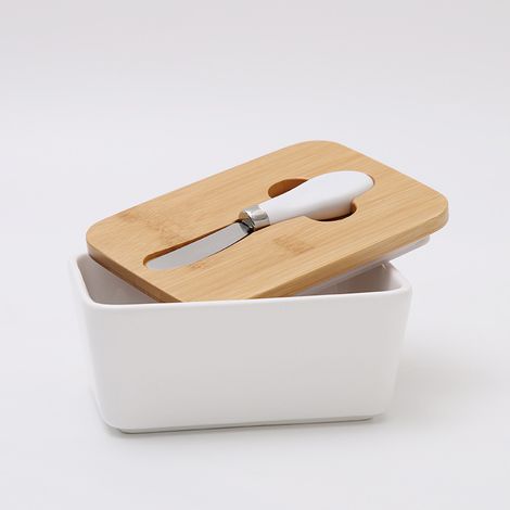 Nordic-style sealed ceramic butter container, white board, wooden lid, cheese and butter container tray - small size (1/5)
