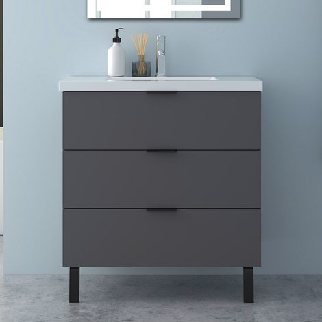 Mobile Bagno Sospeso Con Piedini e Lavabo,Larghezza 79 cm,Dotato di 3 Cassetti,Stile Moderno,Sistema di Chiusura Soft-Close,Finitura Antracite Opaca (1/5)