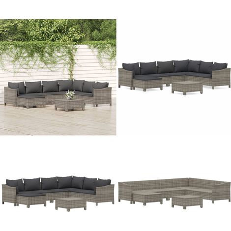 8-tlg. Garten-Lounge-Set mit Kissen Grau Poly Rattan - Gartenlounge - Rattan (1/5)