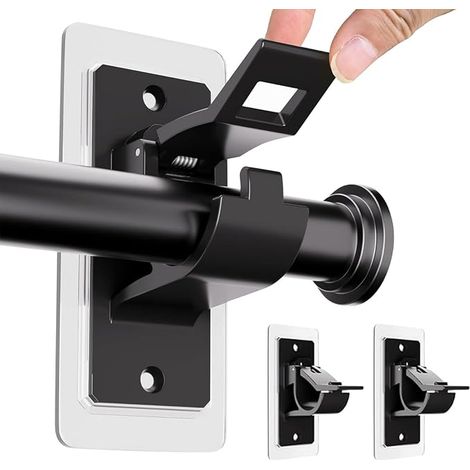 Juego de 2 soportes para barra de cortina sin taladro, autoadhesivos de PET, ganchos sin clavos para baño y sala de estar, color negro (1/5)