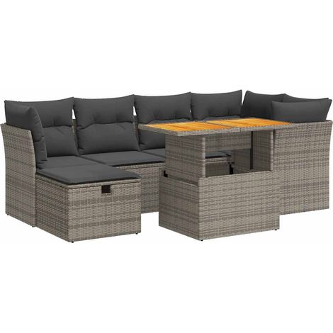 7-tlg. Garten-Sofagarnitur mit Kissen Grau Poly Rattan Akazie vidaXL (1/5)