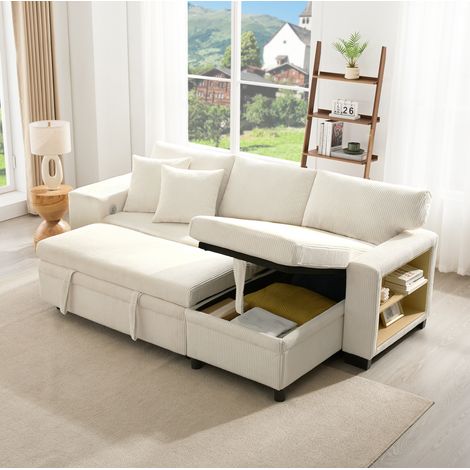 Schlafsofa 231x131.5x84 cm Beige aus Cord mit Bettfunktion, Stauraum, USB-C und Bücherregal (1/5)