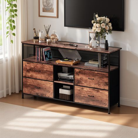 TV-Schrank mit LED, Fernsehschrank mit 4 Schubladens und 3 offenen Fächern, modern TV - Table mit integriertes Kabelmanagement, für TVs bis 65 Zoll, Vintage-Braun, 108 x 29.8 x 78 cm (1/5)